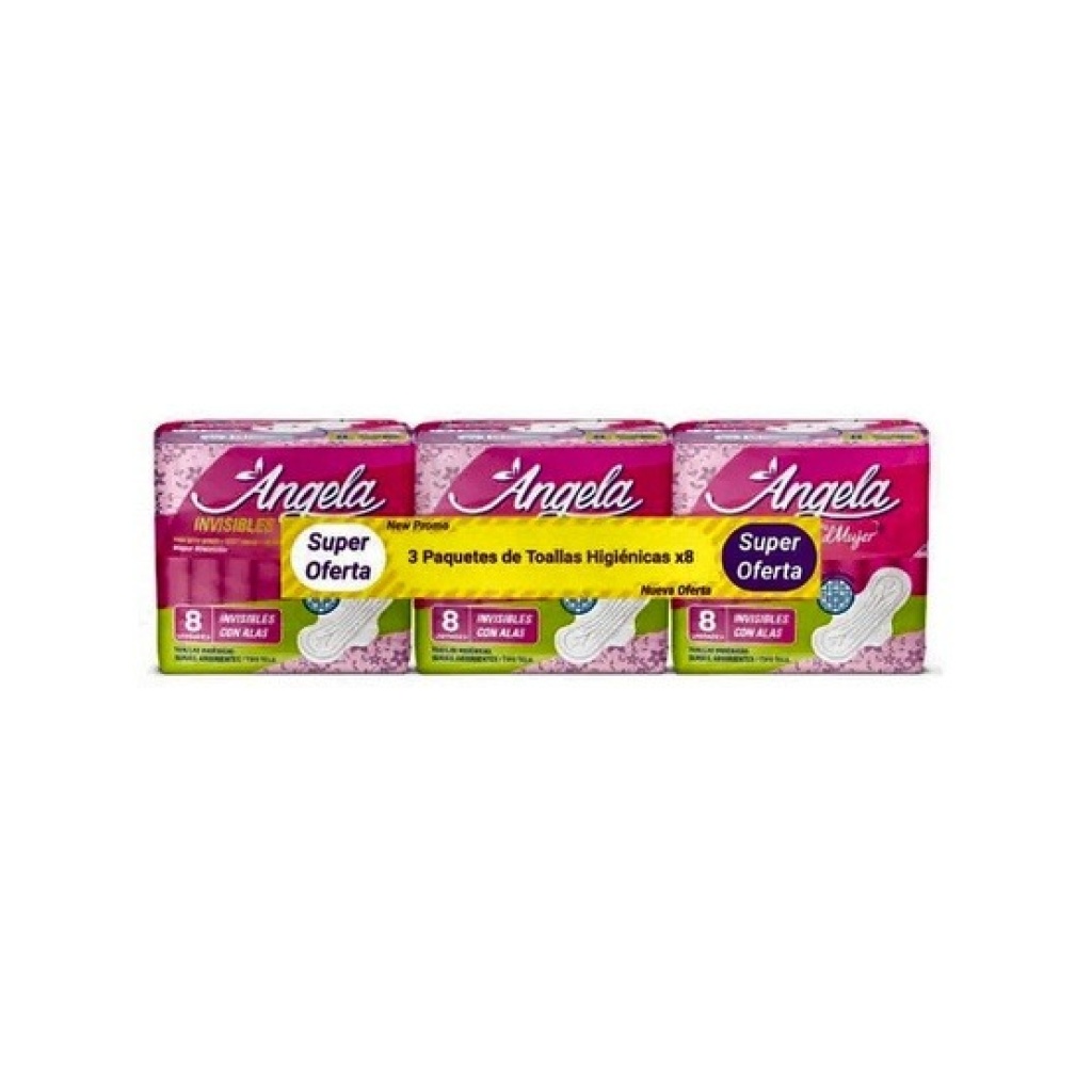 OFERTA 3 PAQ TOALLA HIGIENICA INVISIBLE ANGELA x 8 UNDS PACK