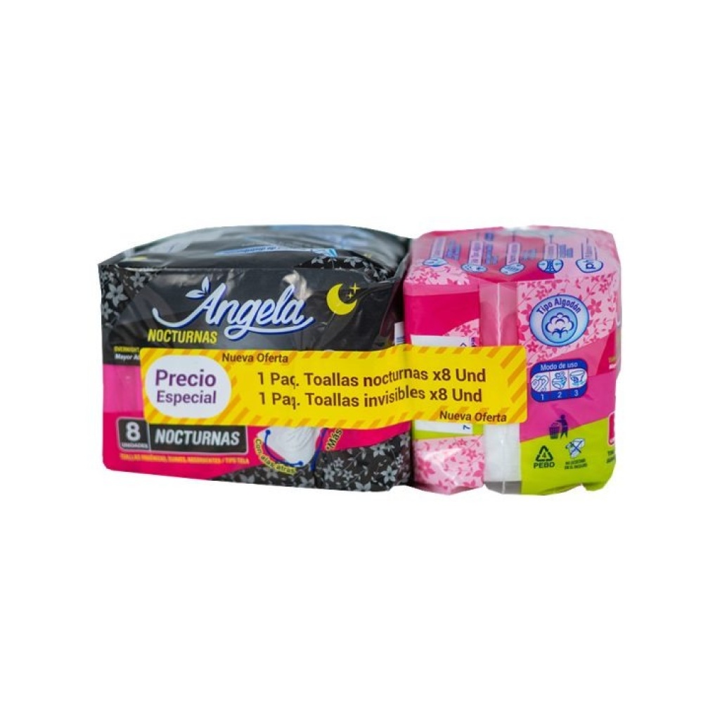 OFERTA 1 PAQ TOALLA HIGIENICA NOCTURNA x 8 UNDS + 1 PAQ TOALLA HIGIENICA INVISIBLE x 8 UNDS PACK